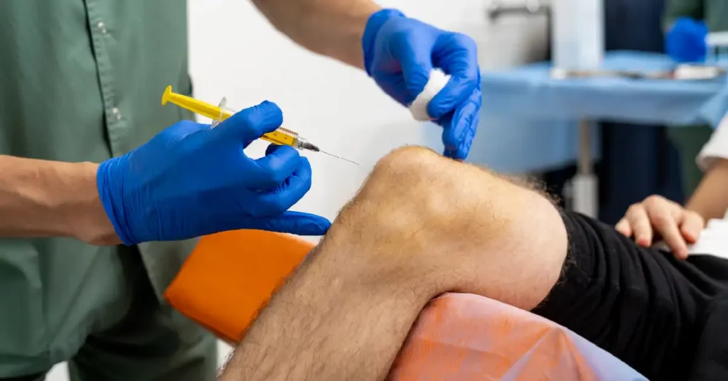 يقوم طبيب بحقن بلازما غنية بالصفائح الدموية في ركبة شاب يعاني من خشونة الركبة-02